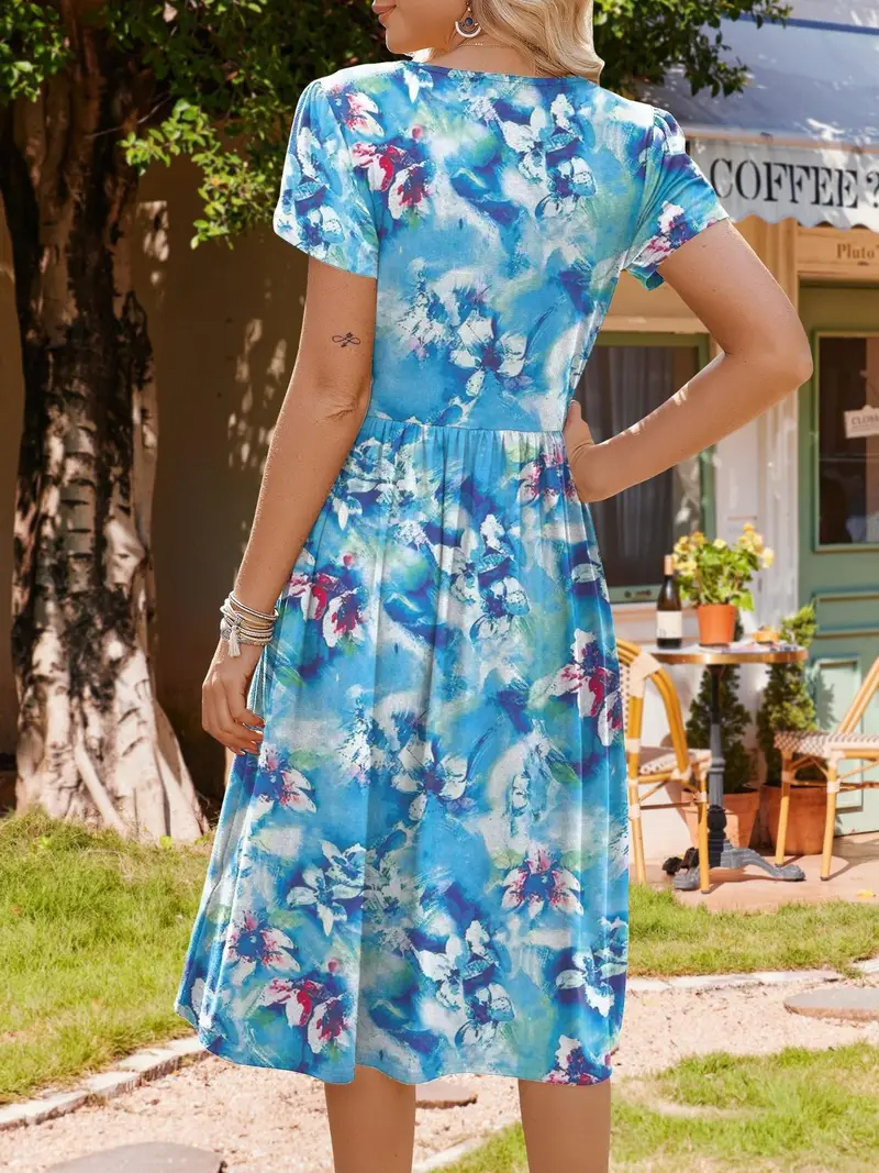Short Sleeve A- Line Mid-length Dress Casual Floral