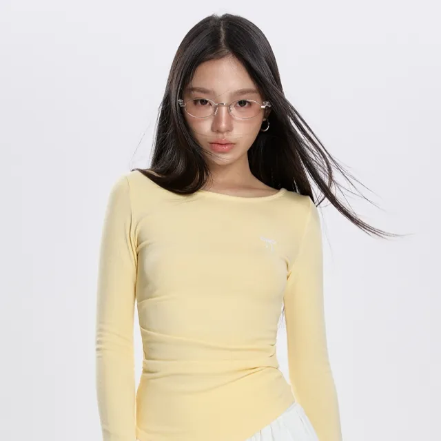 Early Spring Round Neck Pleated All match Long sleeved T shirt Yellow - Shop at LoveMi