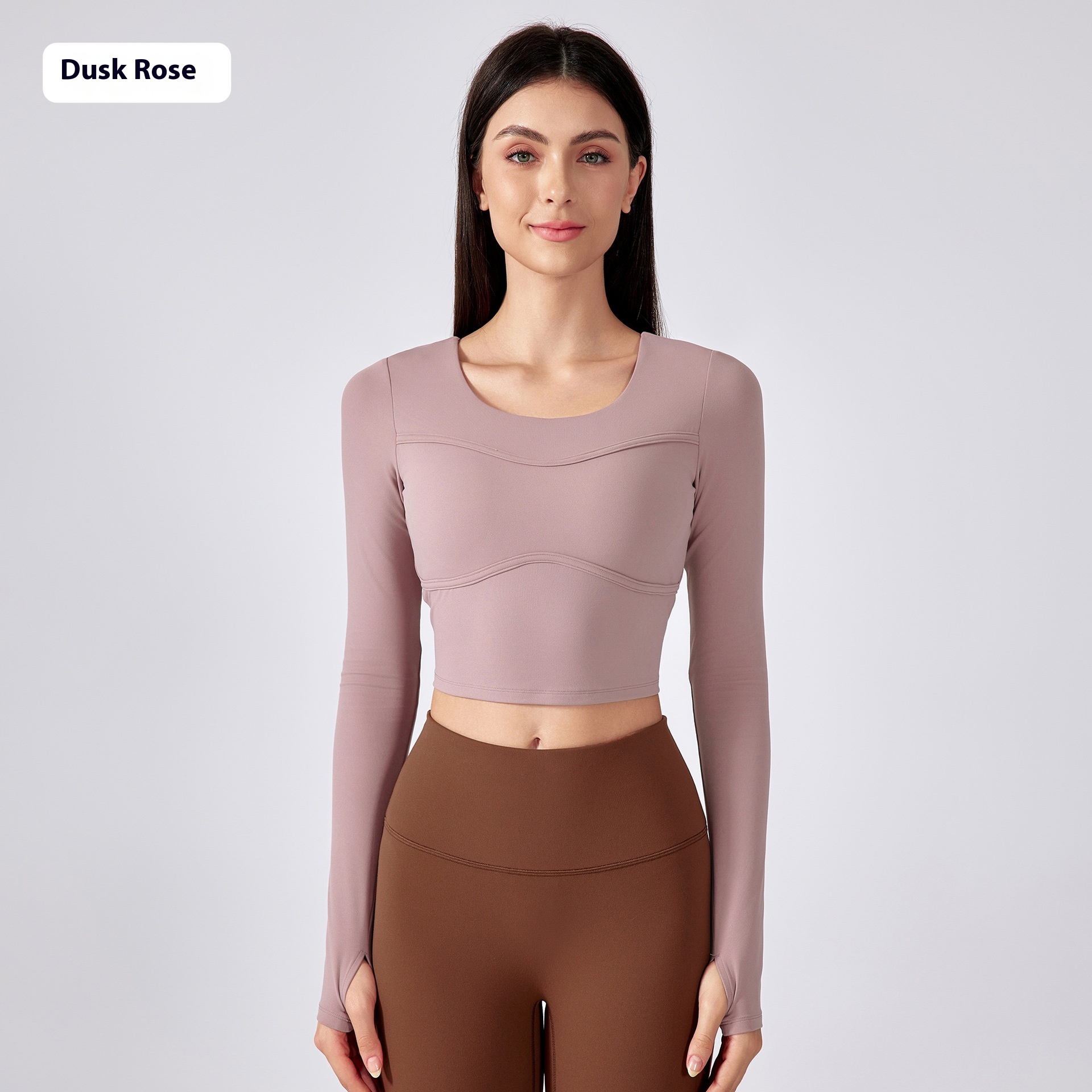Women's Solid Color Short Yoga Clothes With Chest Pad Long Sleeves Rose - Shop at LoveMi