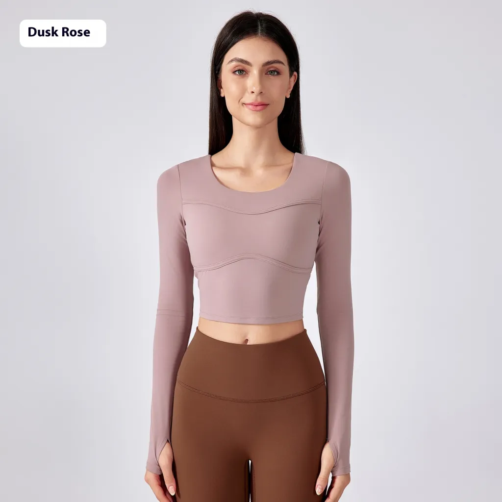 Women's Solid Color Short Yoga Clothes With Chest Pad Long Sleeves - Rose