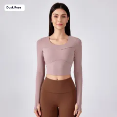Women's Solid Colour Short Yoga Clothes With Chest Pad Long Sleeves - Rose - View 1