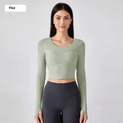 Women's Solid Color Short Yoga Clothes With Chest Pad Long Sleeves - Linen-8 - View 1