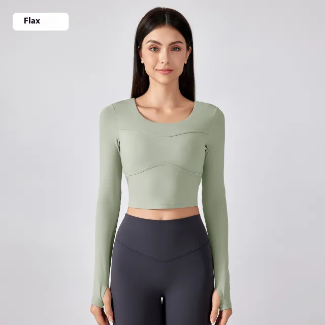 Women's Solid Color Short Yoga Clothes With Chest Pad Long Sleeves Linen 8 - Shop at LoveMi