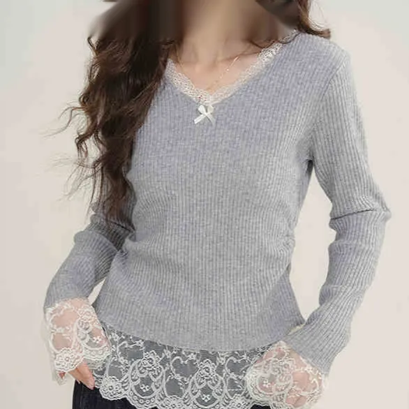 Fake Two Pieces V neck Stitching Lace Lace Knitwear Grey - Shop at LoveMi