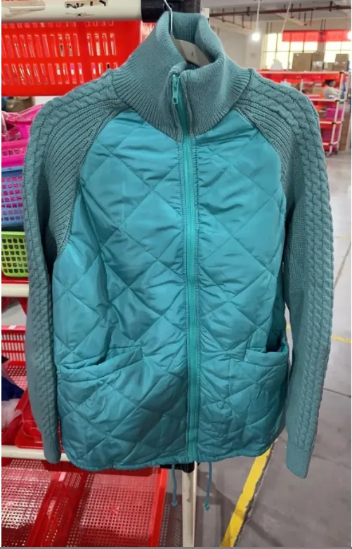 Winter Stand Collar Cotton Jacket With Pockets Fashion Knitted Stitching Zipper Coat Warm Tops For Women Clothing Lake Blue - Shop at LoveMi