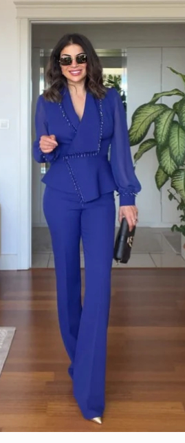 Chiffon Patchwork Blazer Straight-leg Pants Black Suit