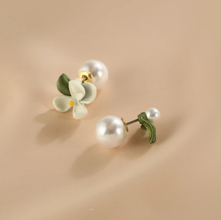 Super Fairy Mori Style Asymmetric Flower Pearl Stud Earrings