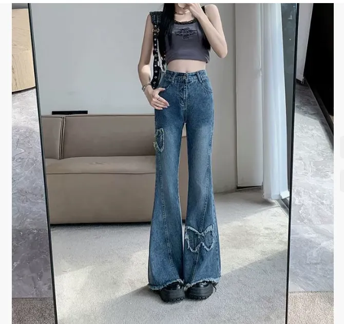 American Retro Butterfly Embroidery Slightly Flared Jeans Women - Blue