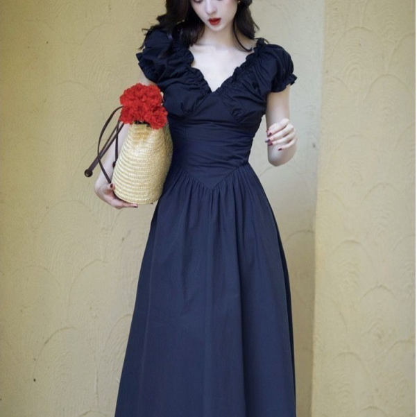 Retro French Dress Women's Solid Color Waist Tight Slimming
