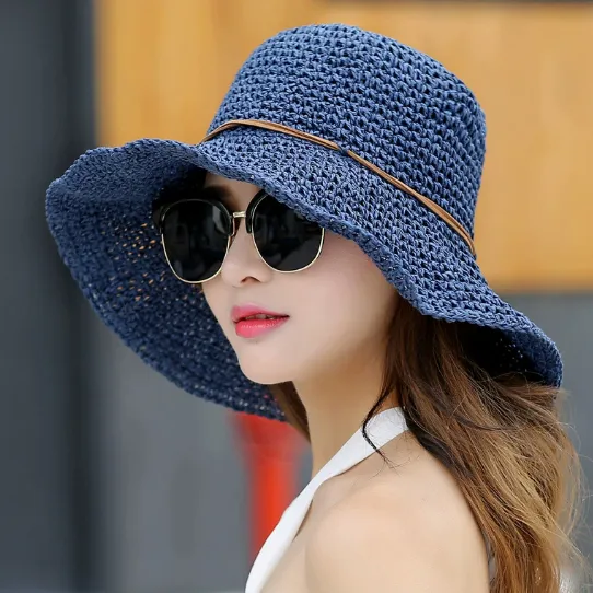 Sunscreen Female Raffia Straw Hat Summer Fashion Cover Face Net Red Fisherman Hat Blue - Shop at LoveMi