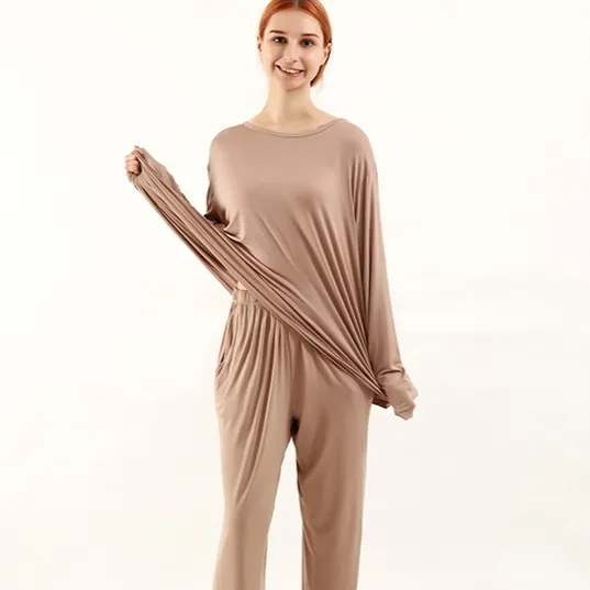Loose High Elastic Bamboo Fiber Home Long sleeved Trousers Suit Skin Color Suit 5Xl - Shop at LoveMi