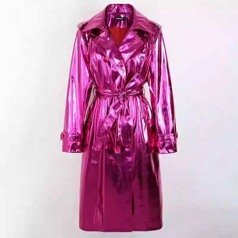 Bright Patent Leather Windbreaker Long Style - Dark Purple