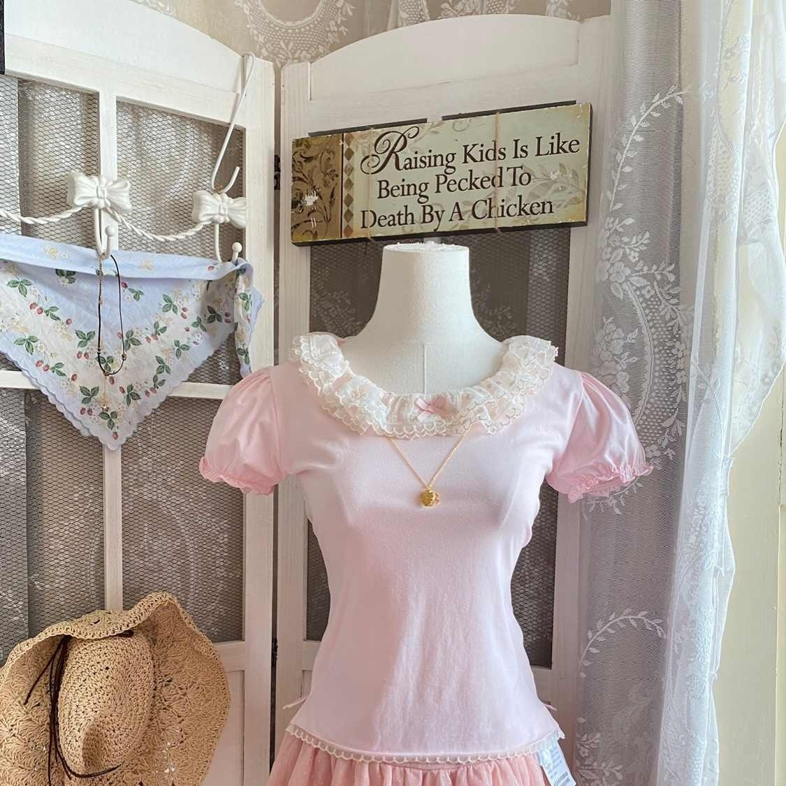 Sweet Mint Green Lace Vintage Puff Sleeve T-shirt