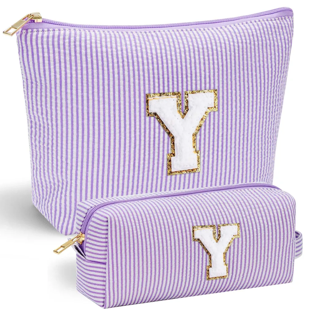 Embroidered Lettered Make-up Bag Portable Travel Storage - Purple Suit