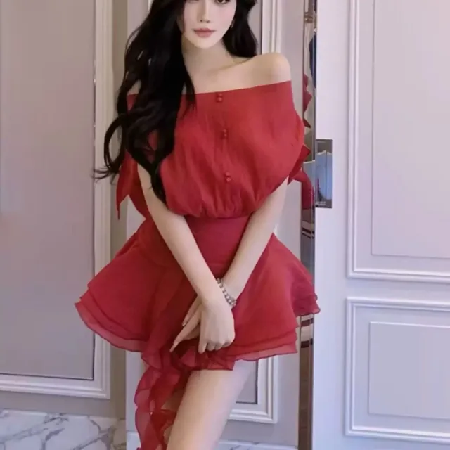 Backless Lace up Off shoulder Seersucker Shirt Dress Short Pantskirt Suit Red - Shop at LoveMi