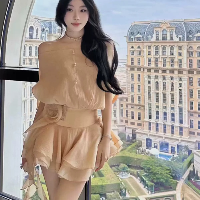 Backless Lace-up Off-shoulder Seersucker Shirt Dress Short Pantskirt Suit