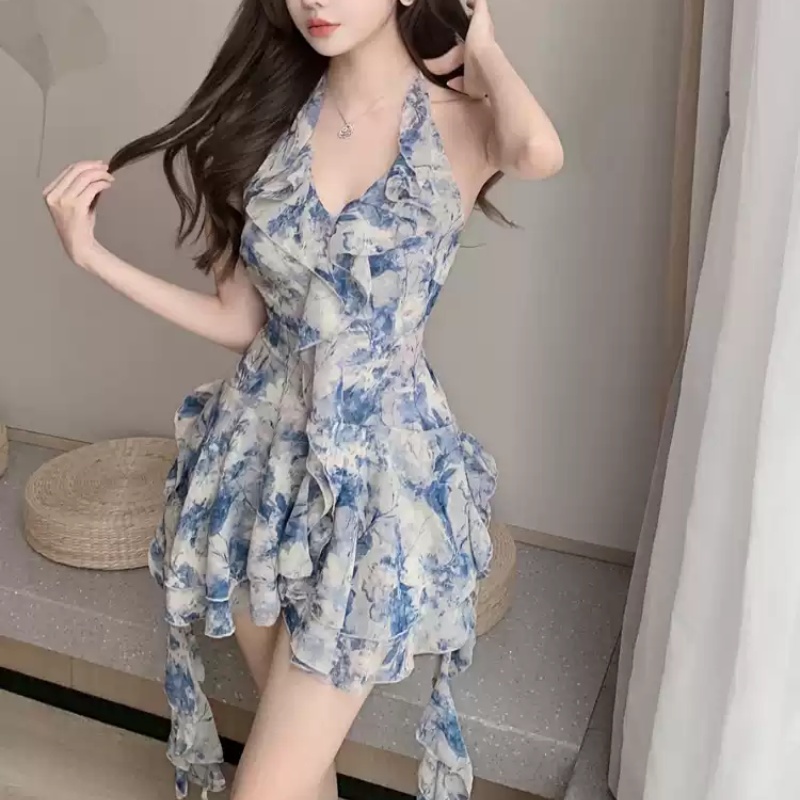 Seaside Ribbon Short Skirt Lotus Leaf Chiffon Floral Dress