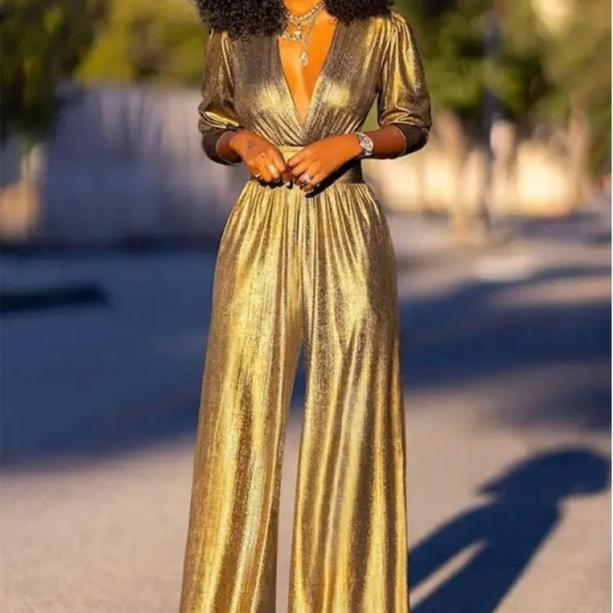 Solid Color High Waisted V-neck Jumpsuit