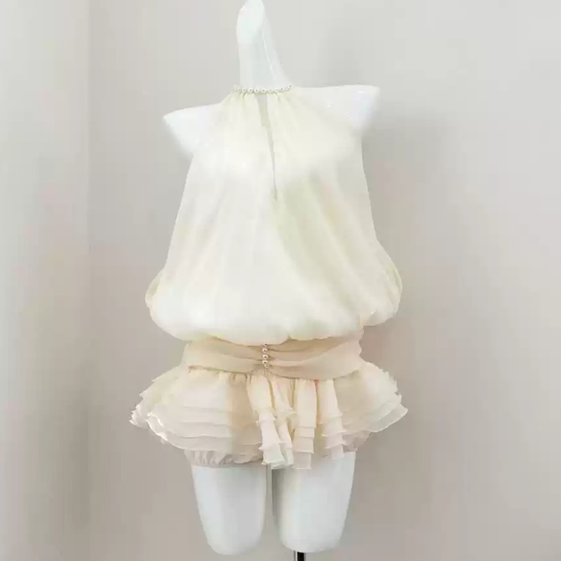 Gentle And Pure Desire Style Beaded Shirt Halter Fitted Waist Bubble Skirt Outfit