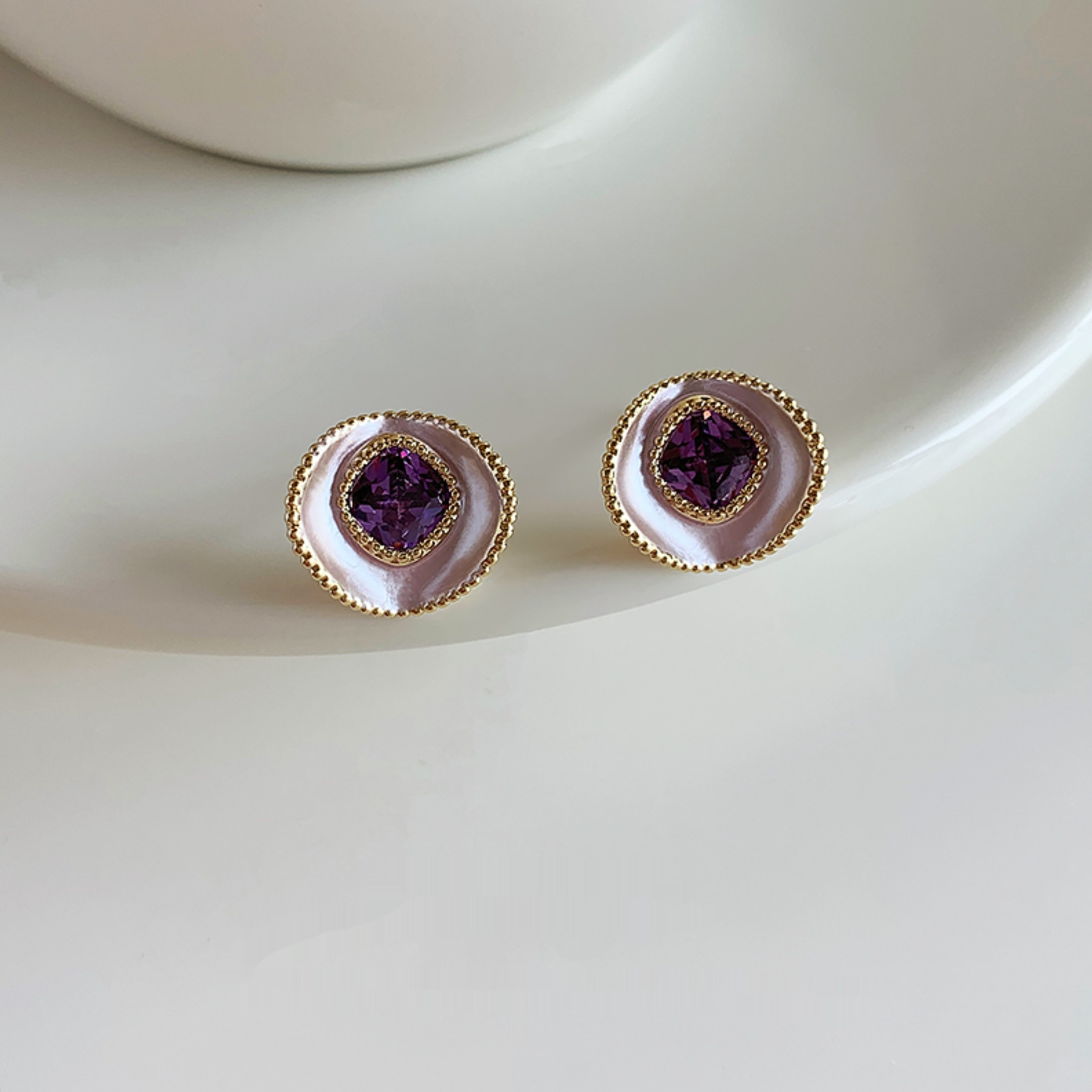 Sterling Silver Needle Elegant Purple Stud Earrings