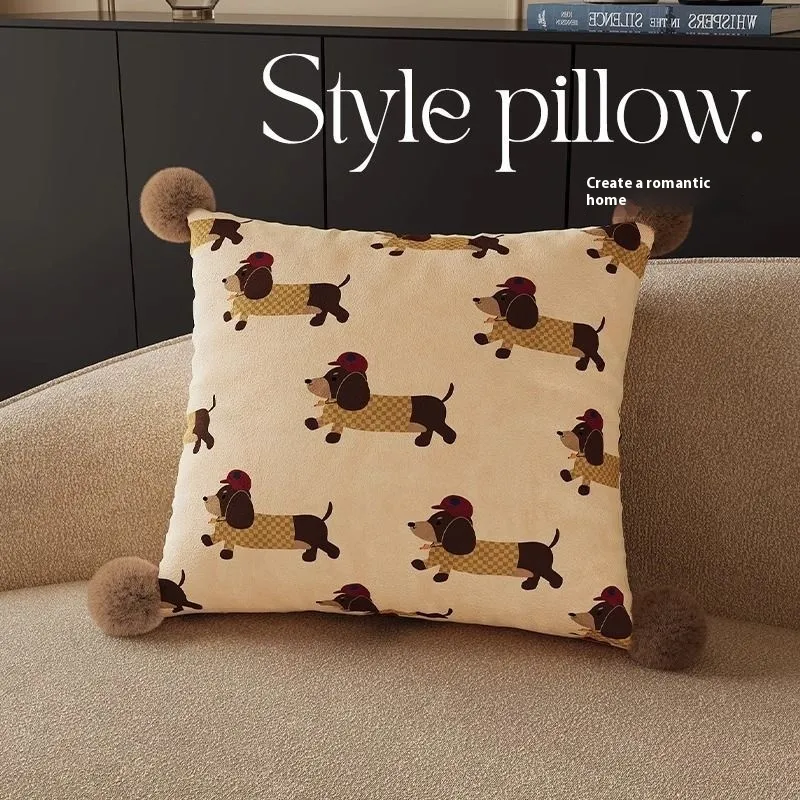 Skateboard Puppy Cartoon Couch Pillow - Red Hat Sausage Beige