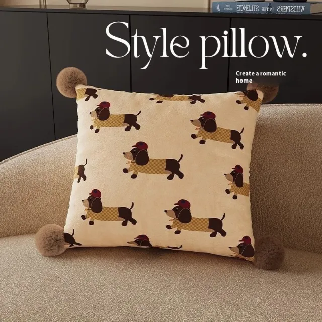 Skateboard Puppy Cartoon Couch Pillow Red Hat Sausage Beige - Shop at LoveMi