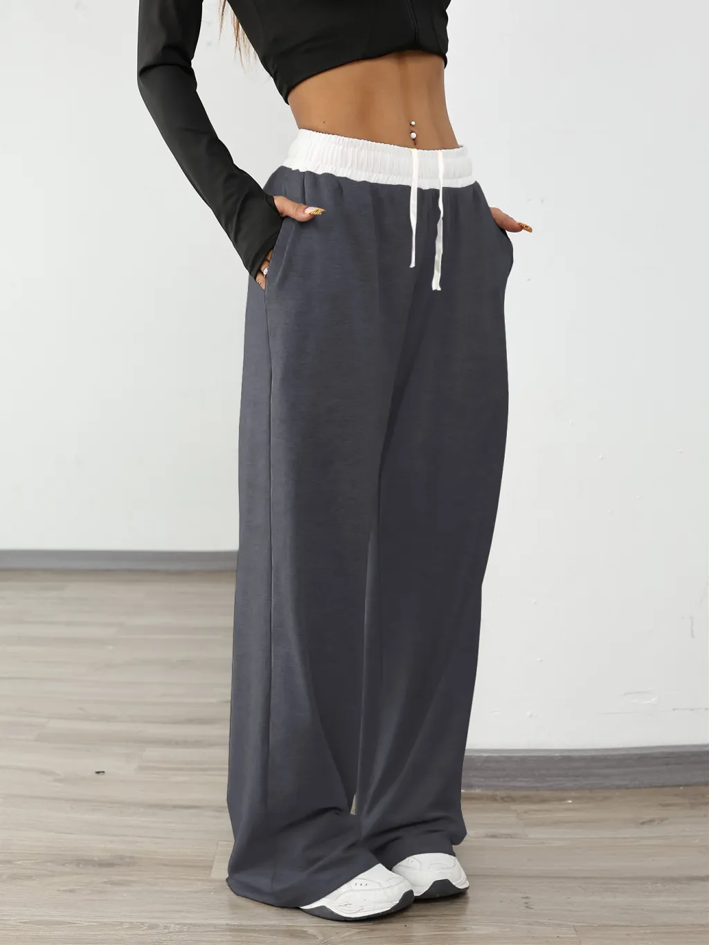 Women's Casual Sports Contrast Color Loose Comfortable Drawstring Trousers - Gray