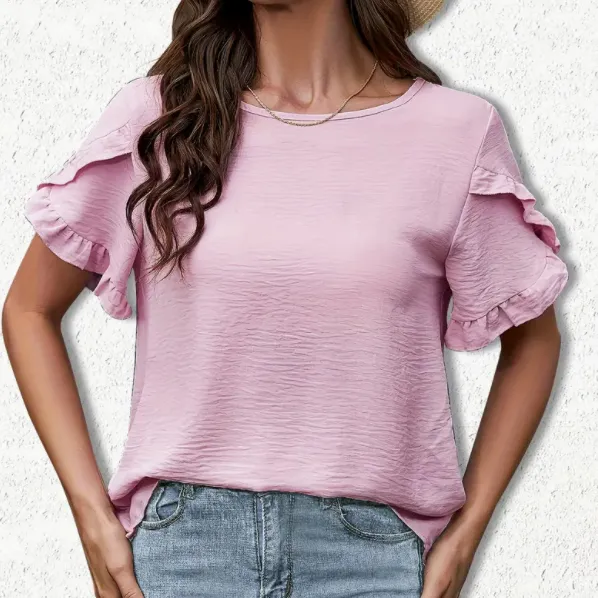 Ladies' Elegant Summer Lotus Leaf Sleeve Shirt Pink - Shop at LoveMi