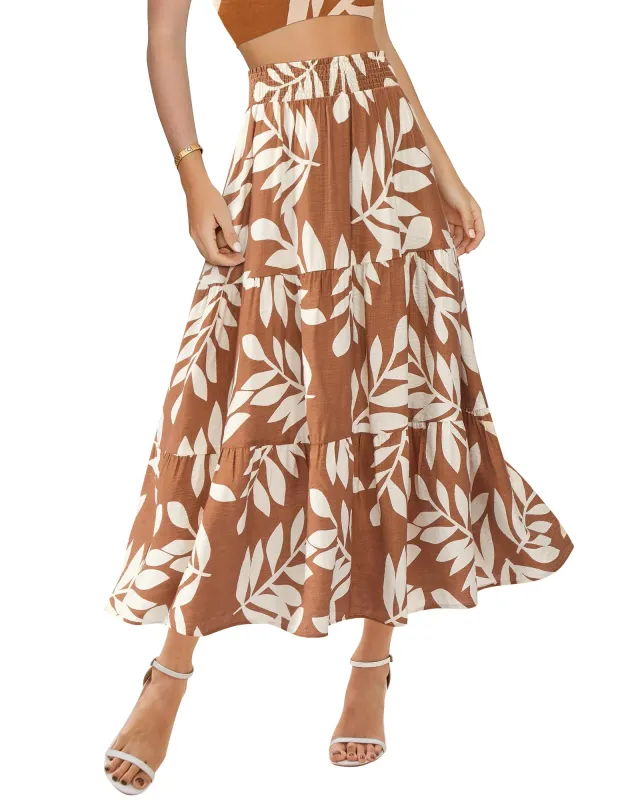 Women's Floral Print Midi Elastic High Waist Crimp Skirt Khaki - Shop at LoveMi