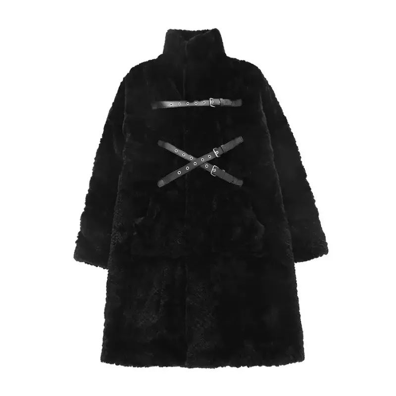Dark Style Imitation Fur Plush Coat Women's Mid-length - Black