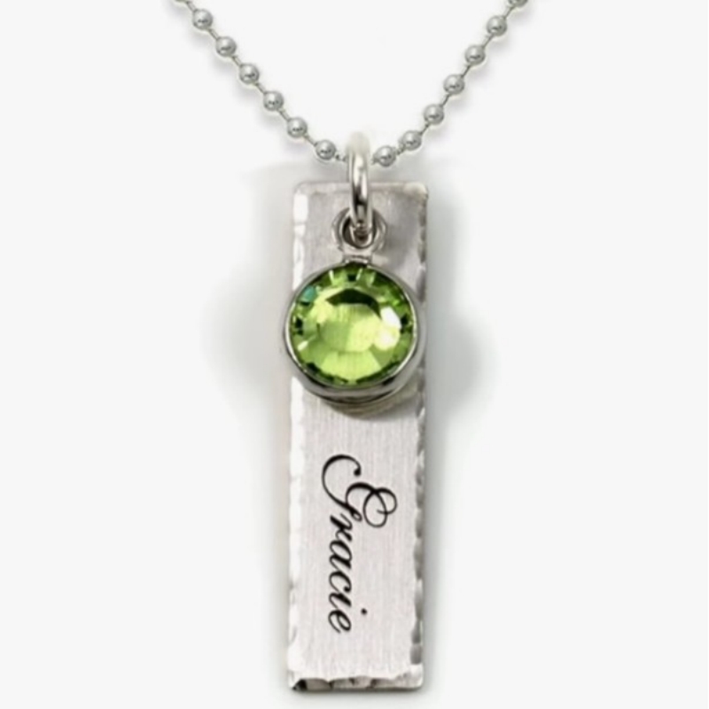 S925 Silver Engraved Long Strip Birthday Flower Necklace With Birthday Stone