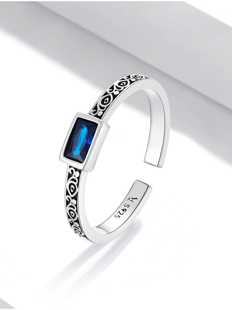 Fashion Sterling Silver Retro Pattern Square Zirconium Open Ring