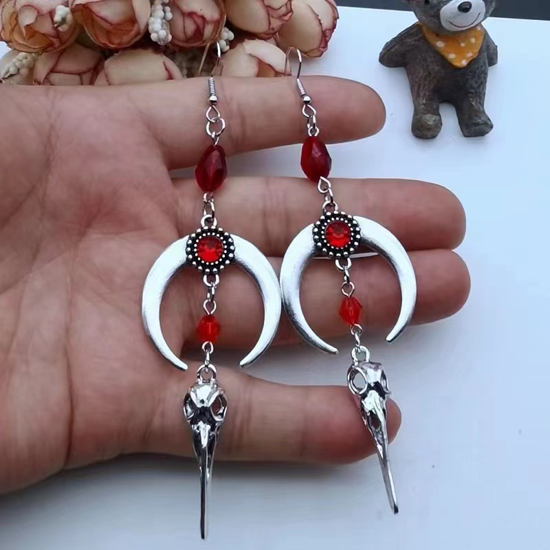 Vintage Crow Skull Moon Red Water Drop Crystal Earrings