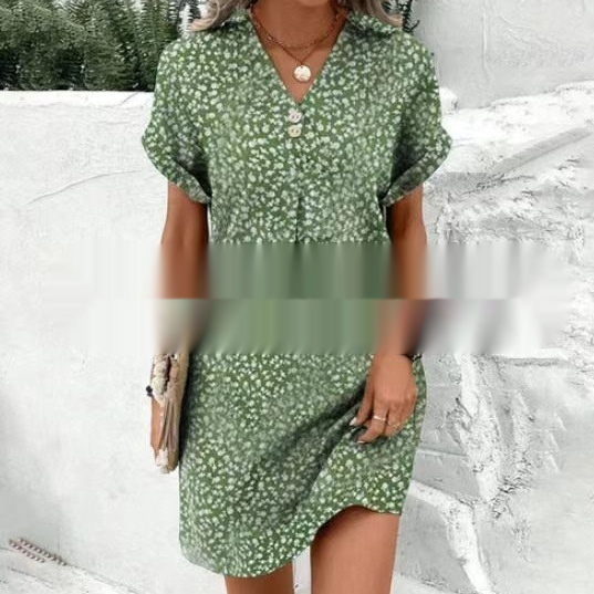 Printed Floral Short Sleeve V-neck Dress