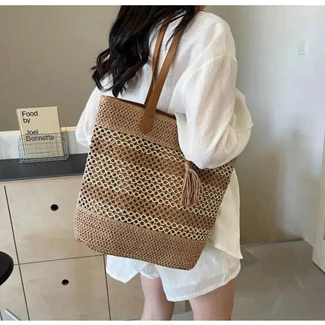 Summer Stripe Straw Sholder Bags With Tassel Pendant Fashion Large Capacity Seaside Vacation Beach Bags Brown - Shop at LoveMi