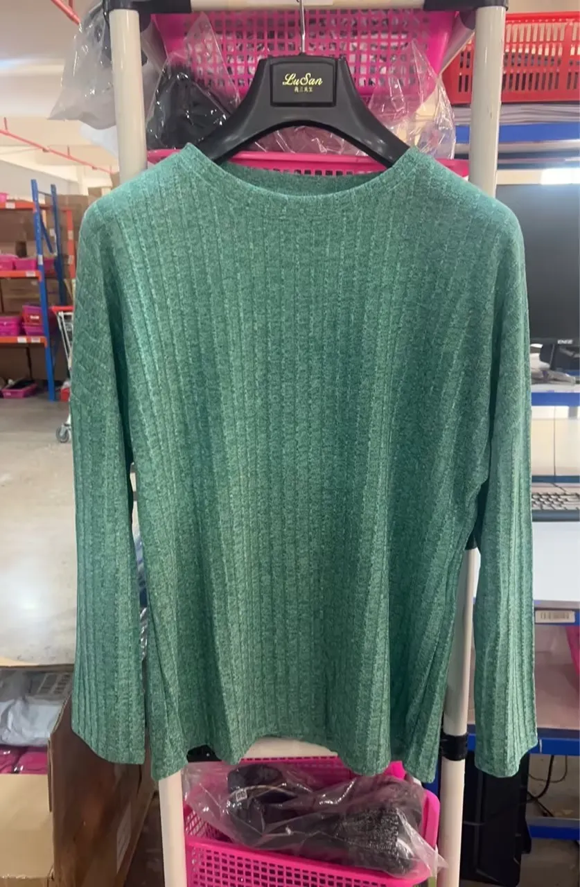Knitted Sweater Round Neck Sunken Stripe Top Long Sleeve Loose T-shirt - Green