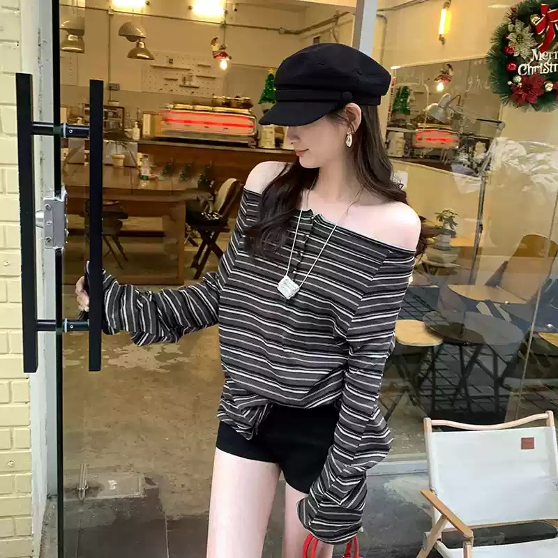 Off-shoulder Loose-fitting Striped Long Sleeves T-shirt For Women