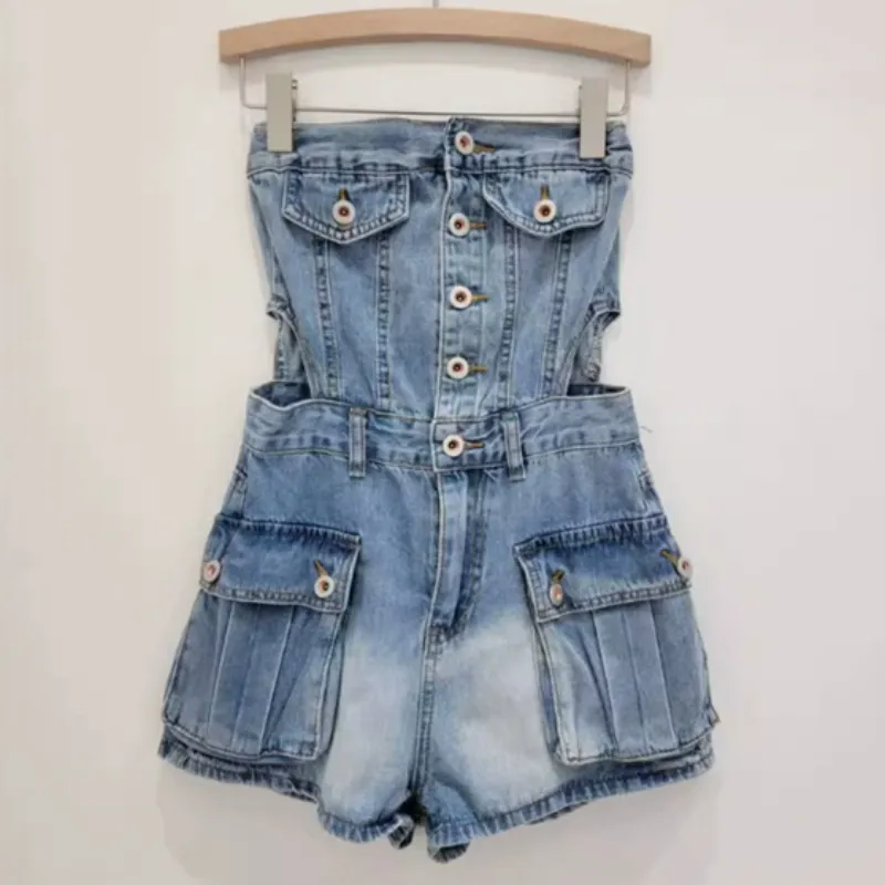 Breasted Hollow-out Midriff Tube Top Cowboy Siamese Shorts For Women - Light Blue