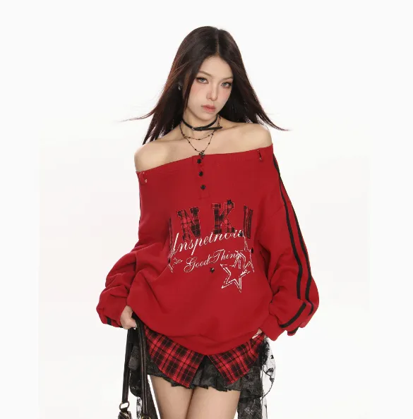 Embroidered Letter Sweater Women's Spring And Autumn Idle Style Fake Two Pieces Red - Shop at LoveMi