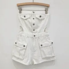 Breasted Hollow-out Midriff Tube Top Cowboy Siamese Shorts For Women - White - View 1