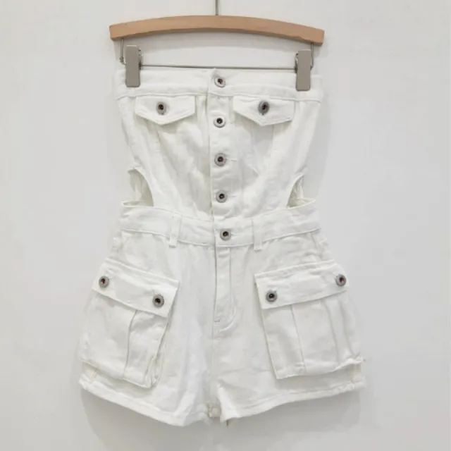 Breasted Hollow out Midriff Tube Top Cowboy Siamese Shorts For Women White - Shop at LoveMi
