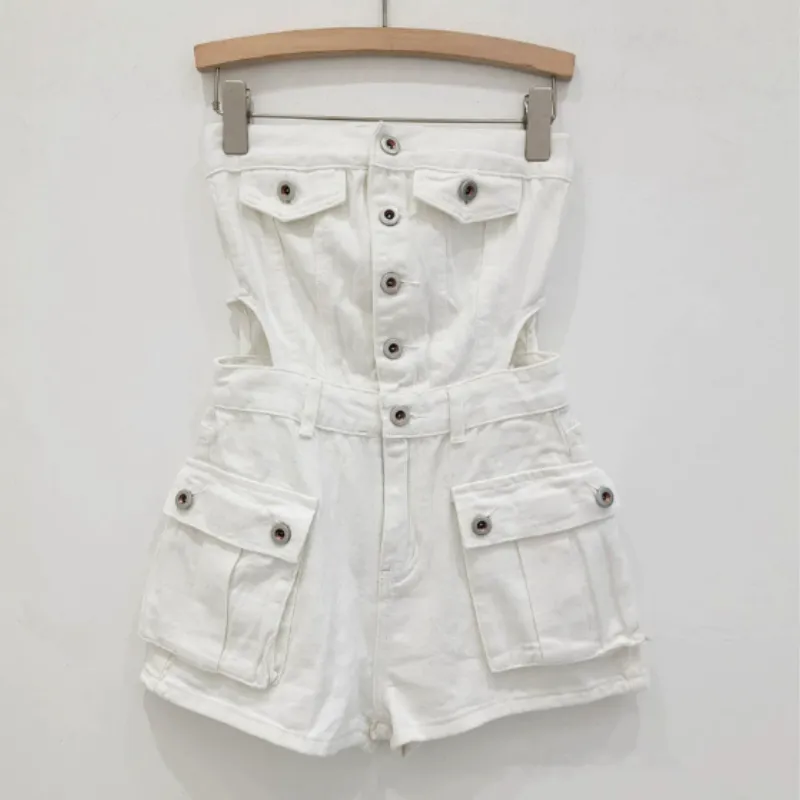 Breasted Hollow-out Midriff Tube Top Cowboy Siamese Shorts For Women - White