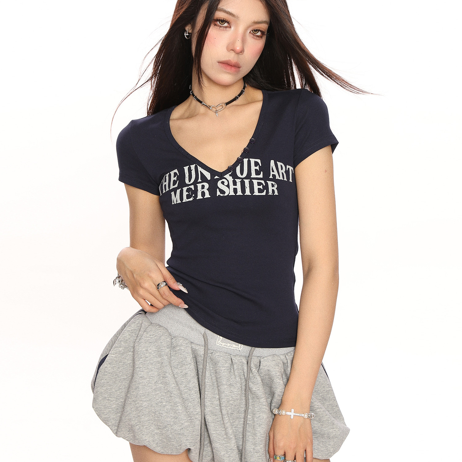 Letter Printed V-neck Women's Shoulder Short Sleeve