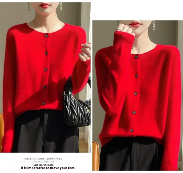 Round Neck Sweater Women's Simple All match Cashmere Knitted Cardigan Red - Shop at LoveMi