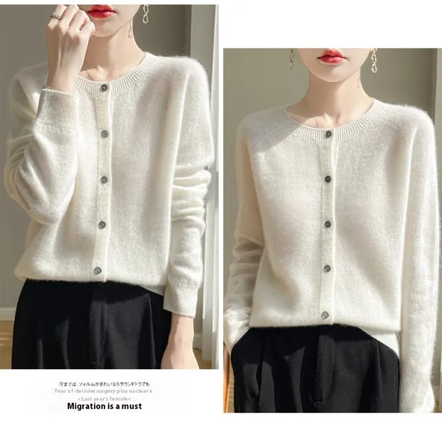 Round Neck Sweater Women's Simple All match Cashmere Knitted Cardigan White - Shop at LoveMi
