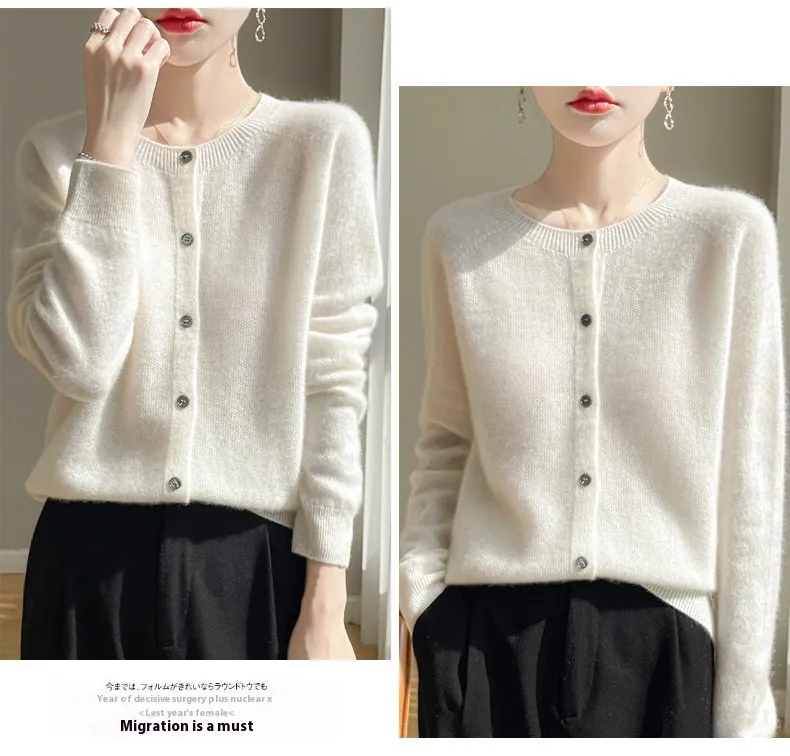 Round Neck Sweater Women's Simple All-match Cashmere Knitted Cardigan - White