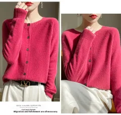 Round Neck Sweater Women's Simple All-match Cashmere Knitted Cardigan - Raspberry Colour-M - View 1