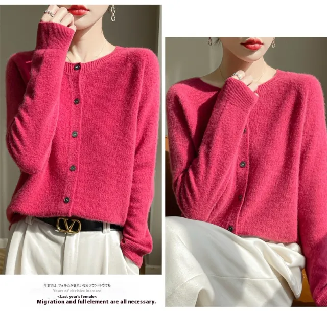 Round Neck Sweater Women's Simple All match Cashmere Knitted Cardigan Raspberry Color M - Shop at LoveMi