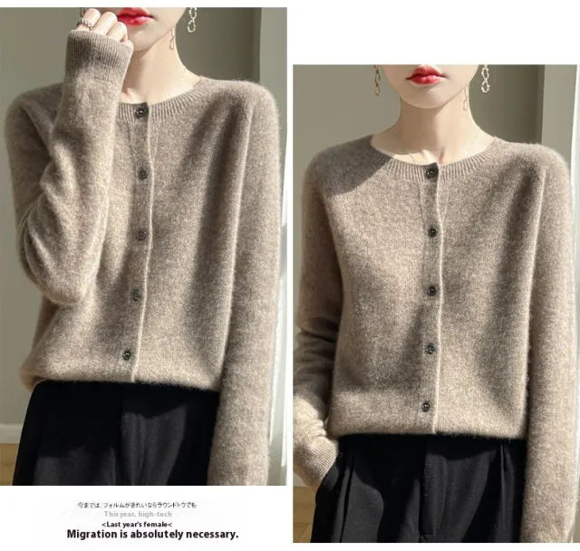 Round Neck Sweater Women's Simple All match Cashmere Knitted Cardigan Raw Velvet Camel - Shop at LoveMi