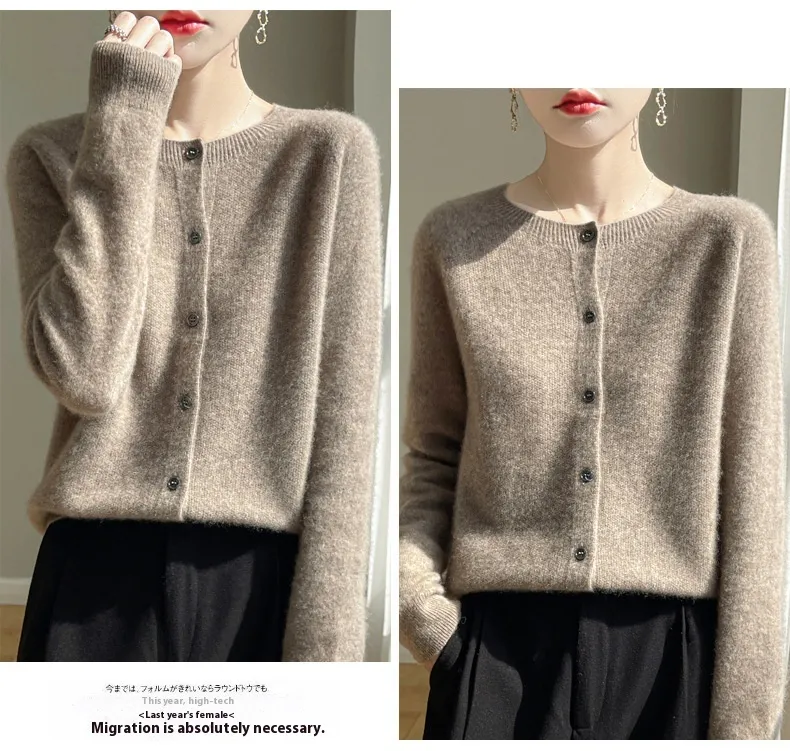 Round Neck Sweater Women's Simple All-match Cashmere Knitted Cardigan - Raw Velvet Camel